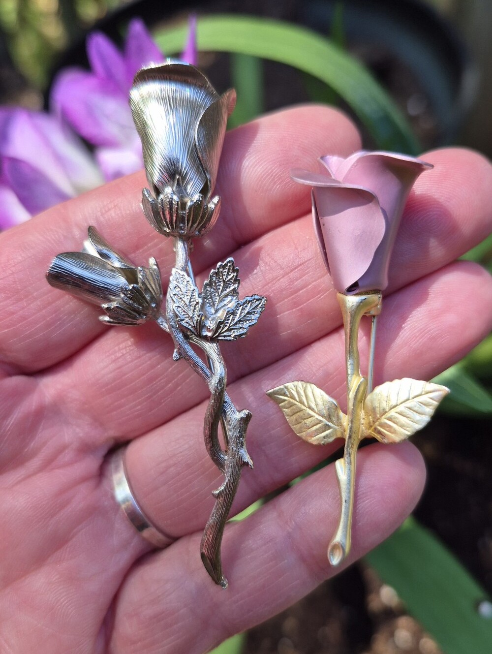 Vintage Rose Leaves Thorns Brooch Lot Of 2 Roses Silver Tone Gold Tone Pink Avon